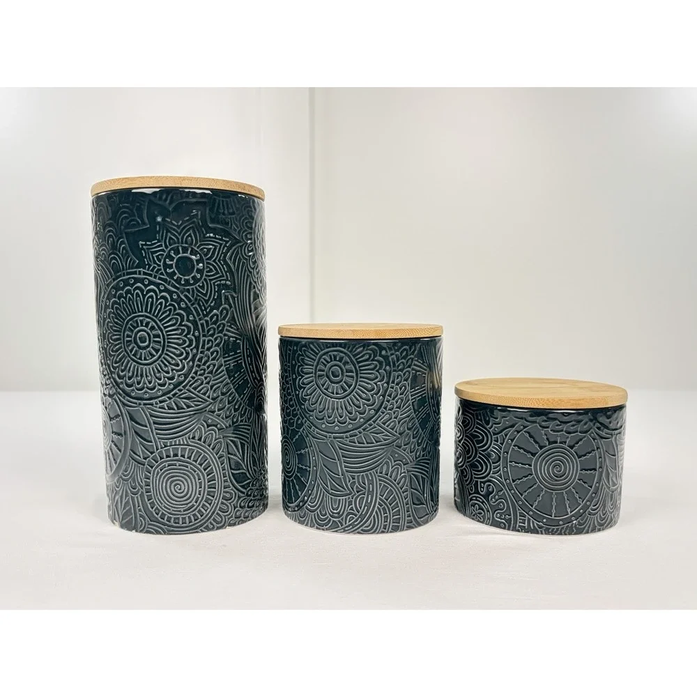 Atelier Ceramic Kitchen Canister Set 3 Piece Blue Embossed Floral Wood Lids